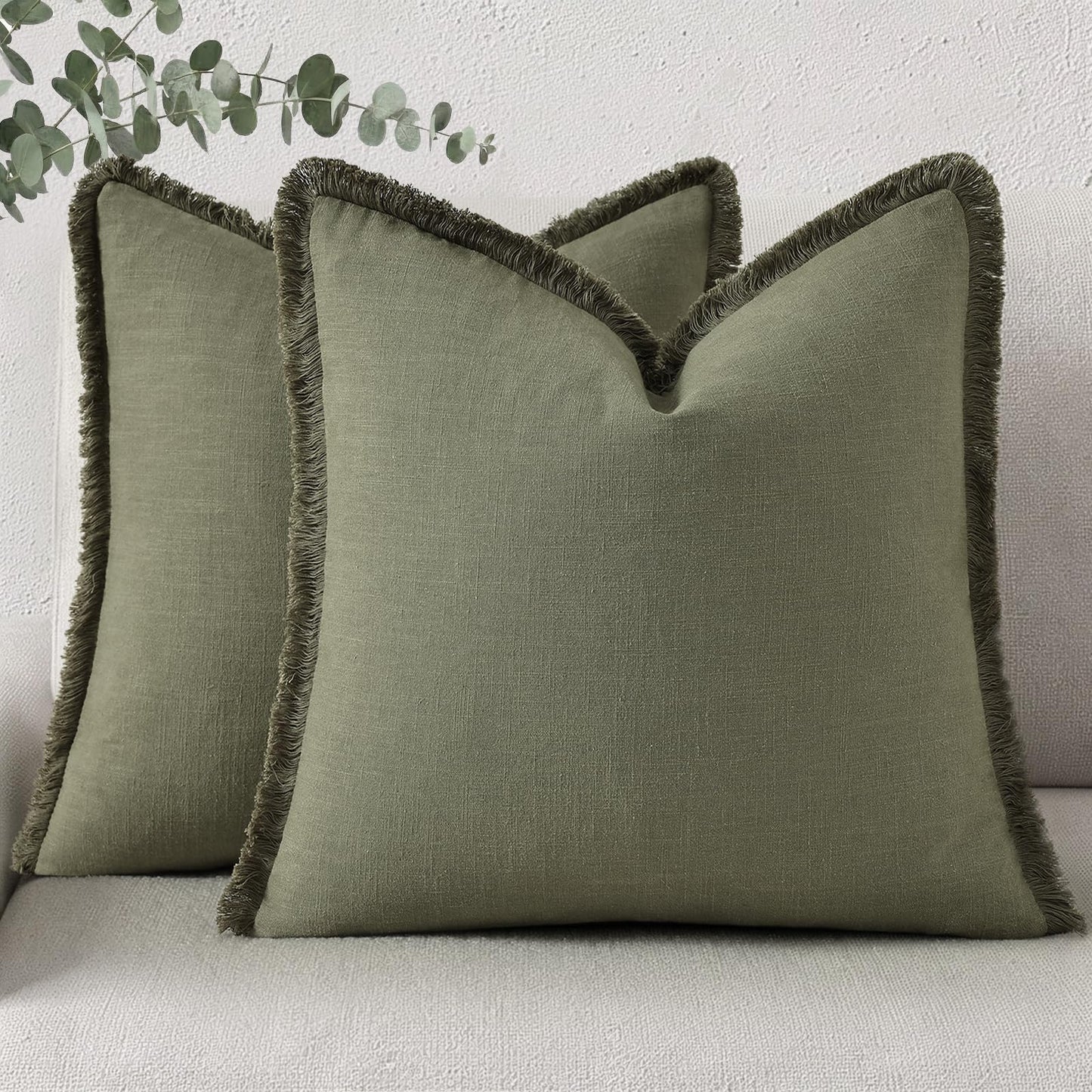 decorUhome Summer Decorative Neutral Linen Fringe Throw Pillow Covers Set of 2 Olive Green Pillow Covers with Tassels Soft Farmhouse Boho Accent Pillow Cases for Couch Bed Sofa 18x18 Inch