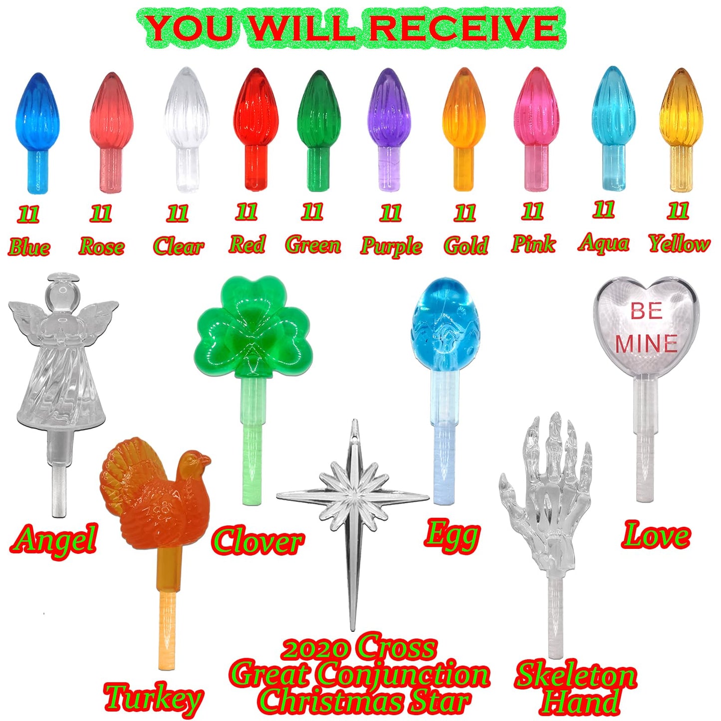 110Pcs in 10 Colors Ceramic Christmas Tree Replacement Lights - Plastic Bulbs Pegs, Included Angel Topper/Heart Top/Cross Stars/Egg/Turkey/Skeleton Hand/Clover.