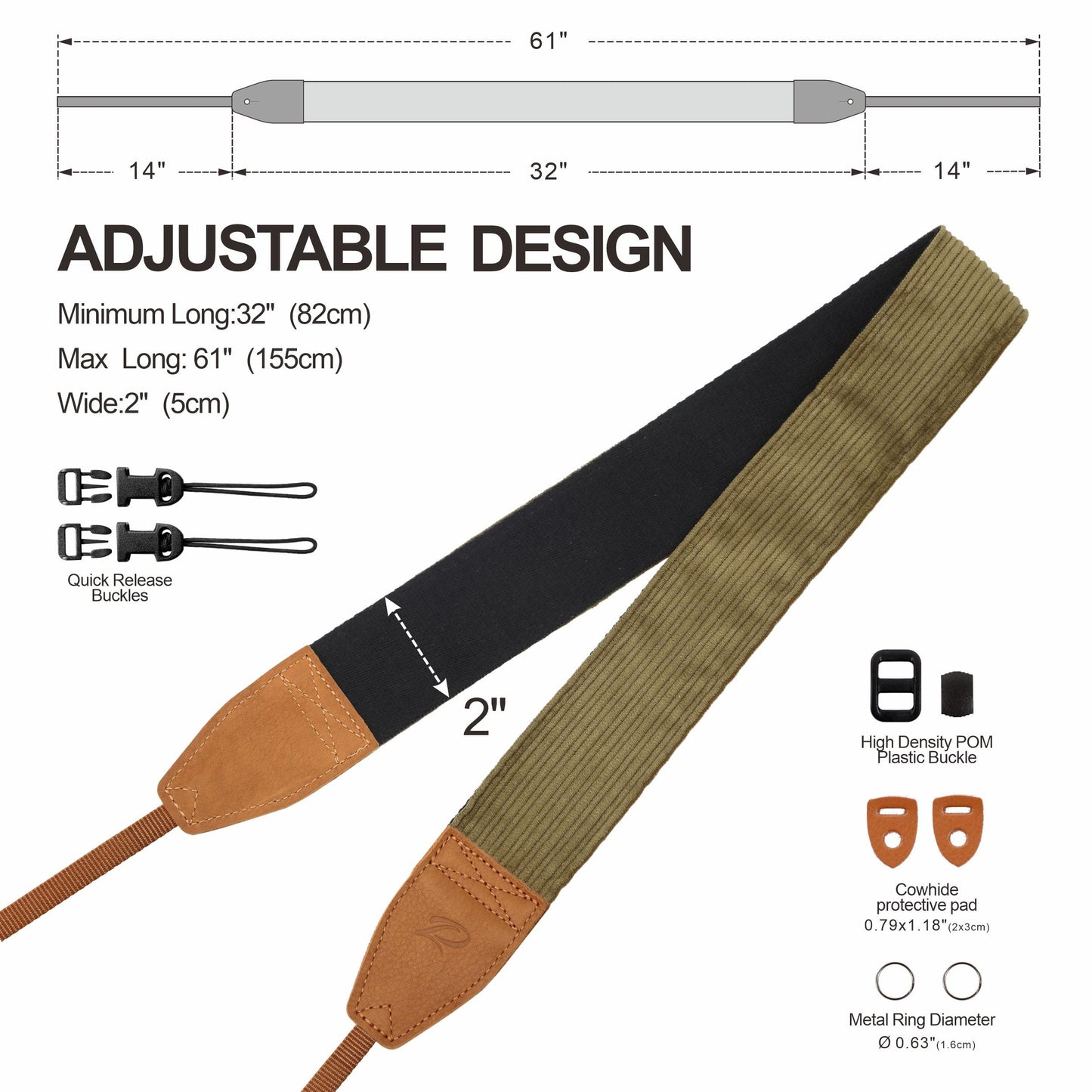 Padwa Lifestyle Olive Green Corduroy Camera Strap - 2" Double Layer Full Grain Cowhide Leather Head Camera Straps for Photographers, Unique Soft Corduroy Fabric with Quick Release fits all Cameras