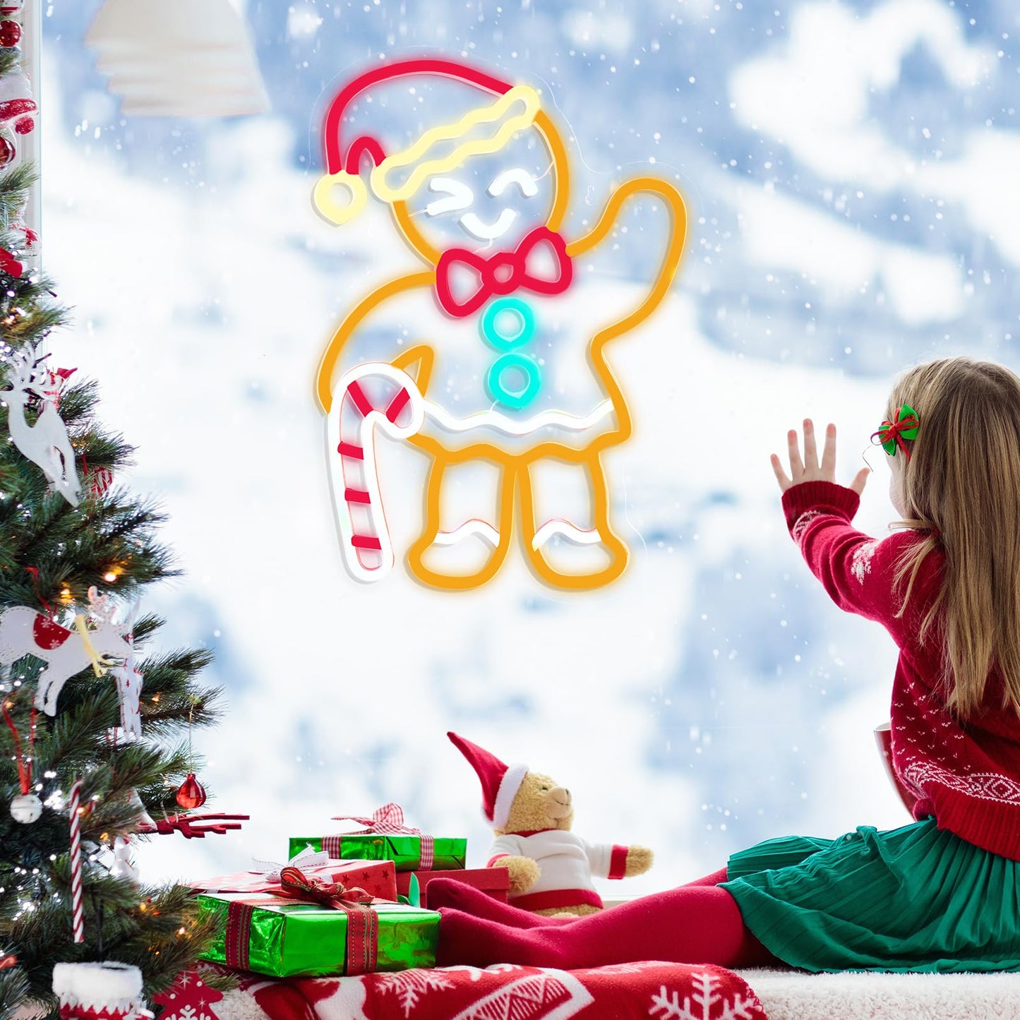 Xuhal Female Gingerbread Man Neon Sign Christmas Neon Sign Xmas Decorations Light up USB Powered LED Light Wall Bar Living Room Decor for Christmas Winter Home Bedroom Office Table