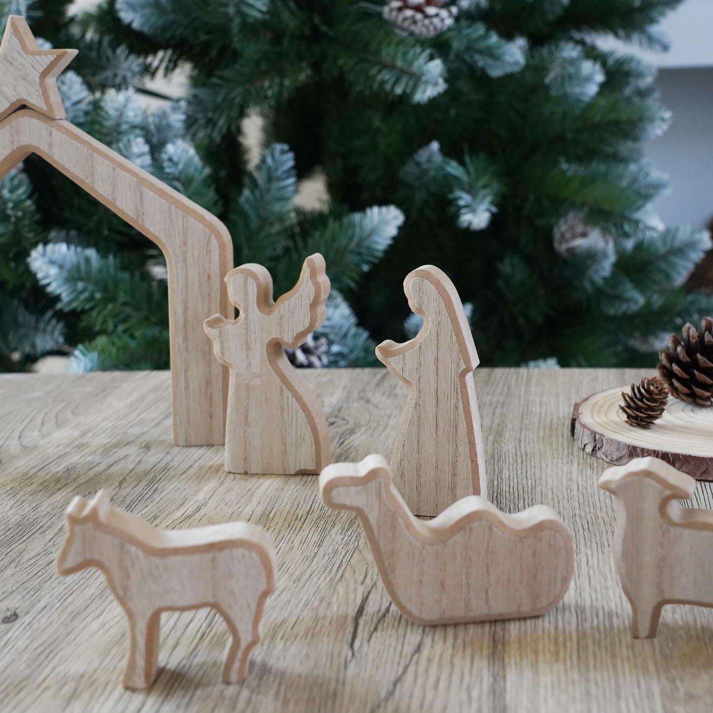 NEROSUN Nativity Scene Set, 13Pcs Wooden Christmas Nativity Scene Miniature Holy Family Figurines, Minimalism Boho Tabletop Christmas Manger Decorations for Christan Indoor Home Mantel Display