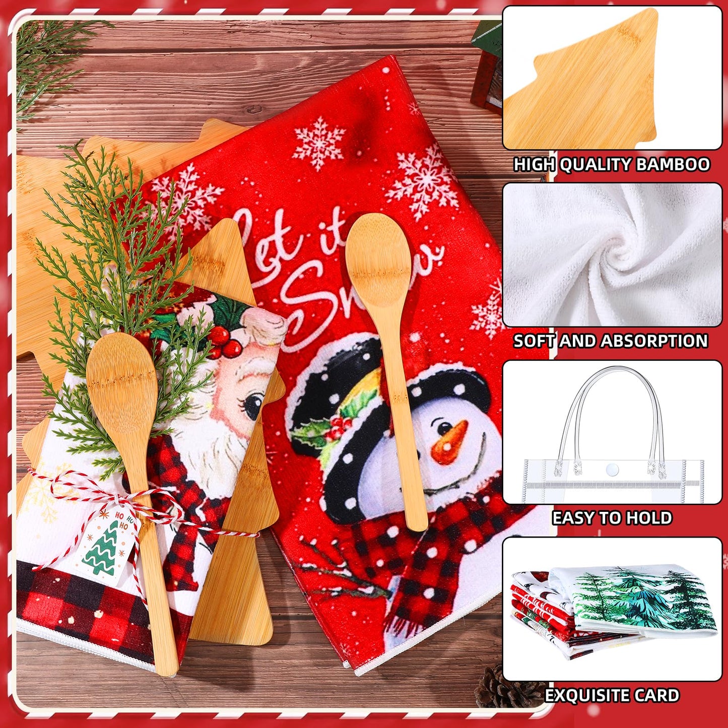 AceOrbit 37 Pcs Christmas Kitchen Gift Set Christmas Tree Bamboo Serving Board Xmas Supplies with Wood Spoon Kitchen Towel Card Holiday Gift Bags for Xmas Holiday Party Decor