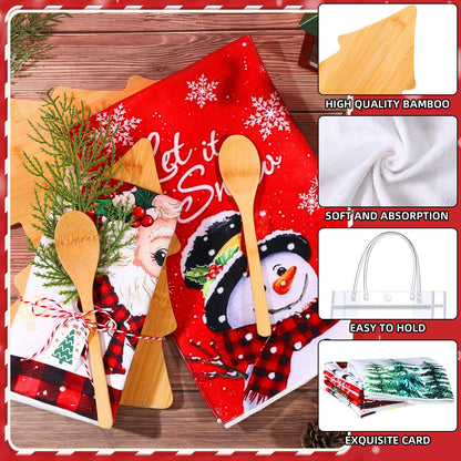 AceOrbit 37 Pcs Christmas Kitchen Gift Set Christmas Tree Bamboo Serving Board Xmas Supplies with Wood Spoon Kitchen Towel Card Holiday Gift Bags for Xmas Holiday Party Decor