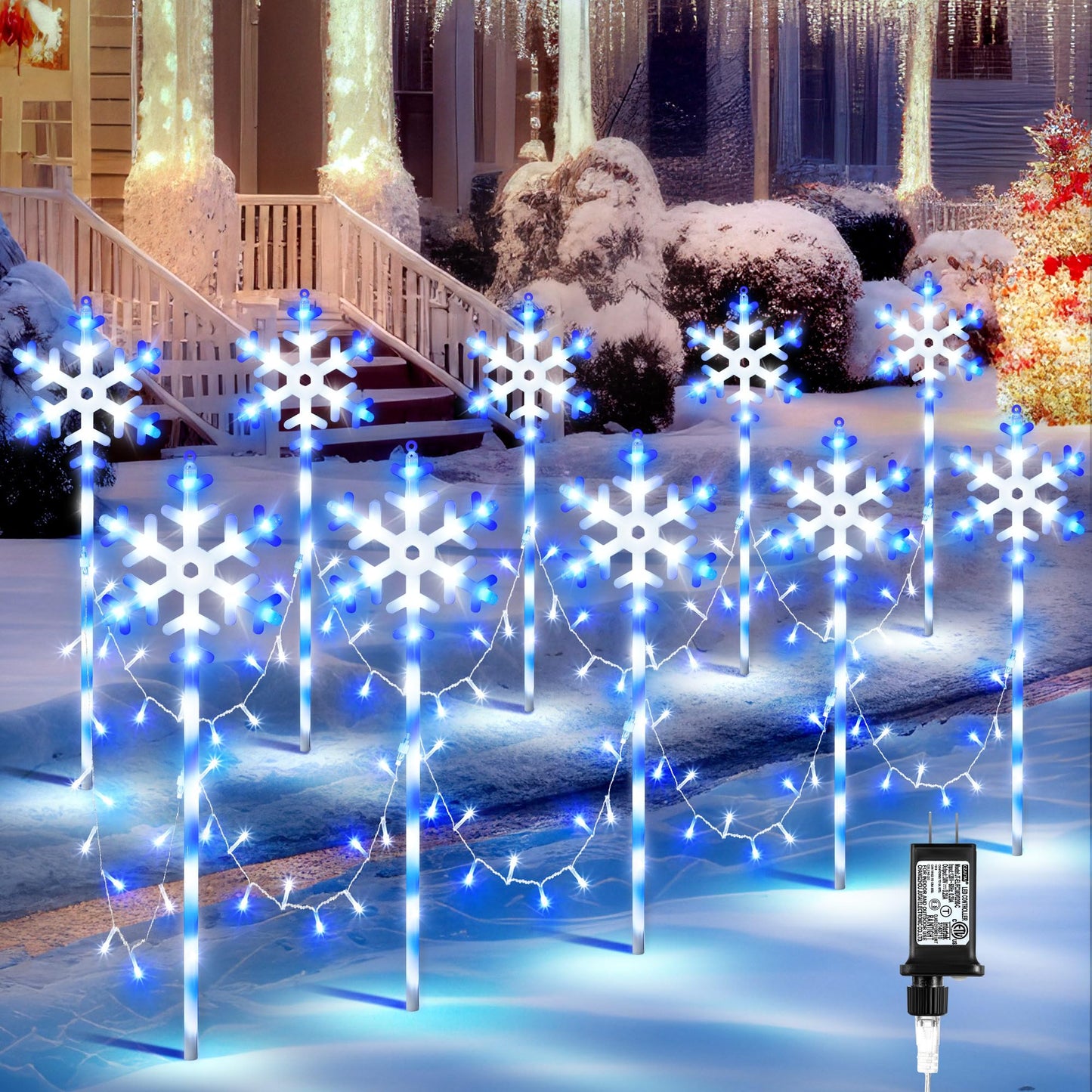ElectricWise 10 Pcs Christmas Snowflake Pathway Stake Lights for Outdoor Yard, 370 Bright LEDs Waterproof Large Christmas Snowflake Light Decoration for Garden Lawn Driveway Walkway Decor (Blue White)