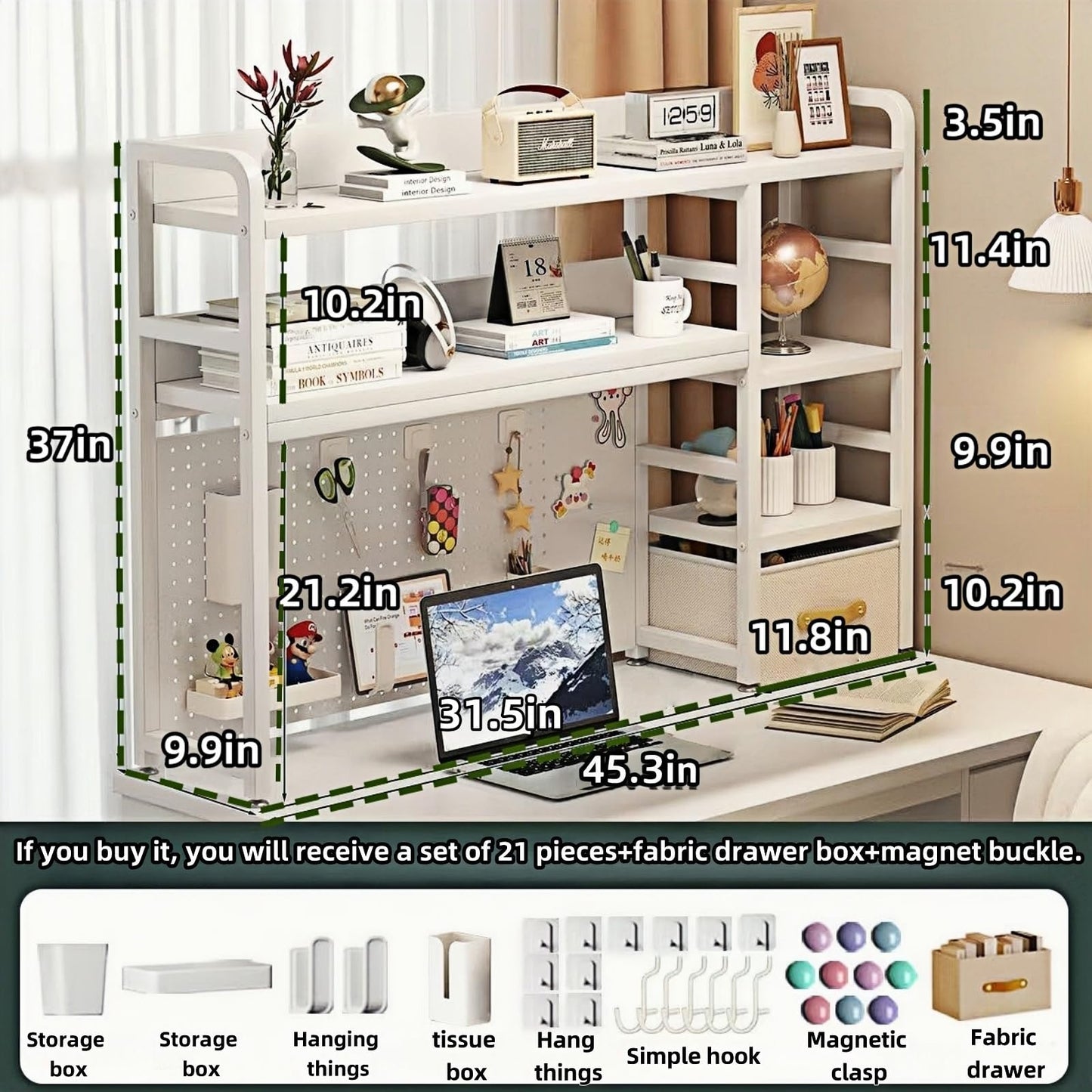 Desktop Bookshelf, pegboard Storage and Organization Rack, Dorm Desk Shelf, Desk Hutch, Desktop Storage for Office, Study, Student Display Rack,Desktop Shelves (White 45.3" Lx9.9 Wx37 H)