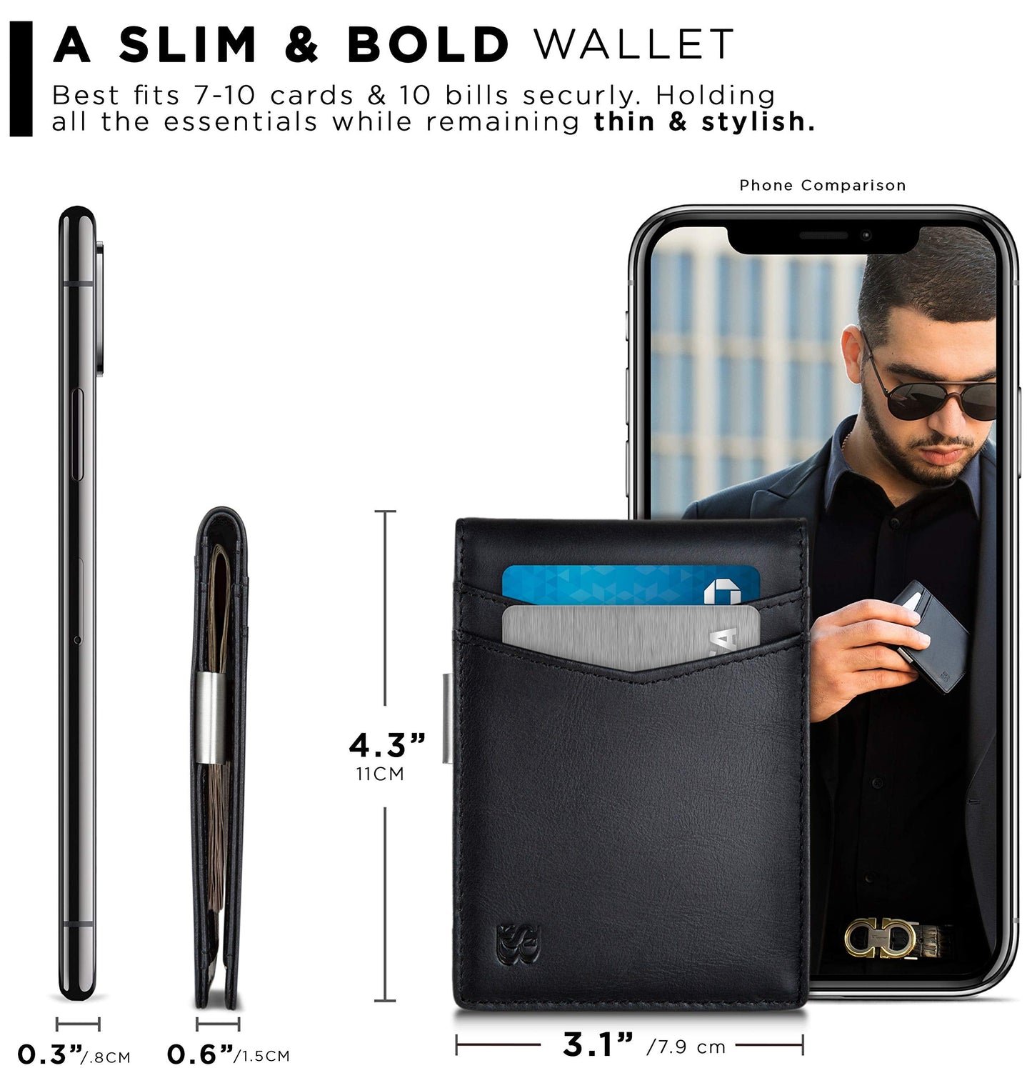 SERMAN BRANDS Money Clip Wallet - Mens Wallets slim Front Pocket RFID Blocking Card Holder Minimalist Mini Bifold (Charcoal Black Transformer)
