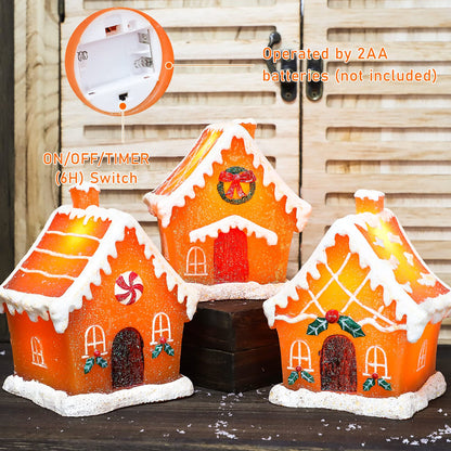 Christmas Gingerbread House Tabletop Decoration Lighted Christmas Village House Real Wax Battery Operated with Remote Flickering LED Light Christmas Village Decor for Mantel Desk Table Centerpiece