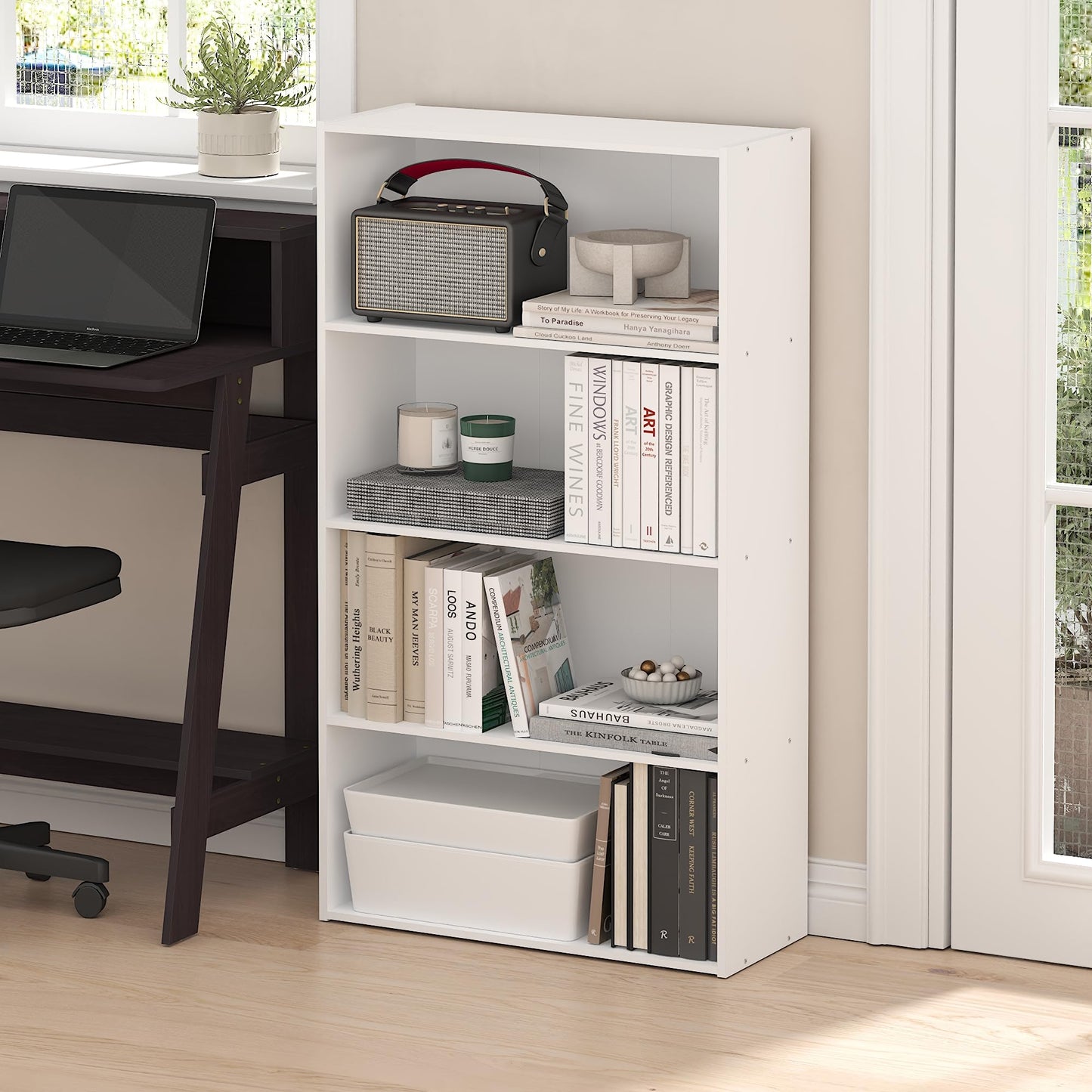 Furinno PASIR Book Shelf, 4-Tier Bookshelf, Bookcase with Open Shelf, 9.4 x 23.6 x 41.7, for Living Room, Bedroom, Home Office, Plain White