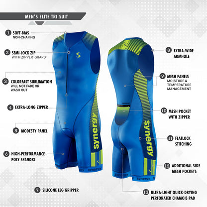 Synergy Triathlon Tri Suit - Men's Elite Sleeveless Trisuit (Neon Tangerine/Sky, Large)
