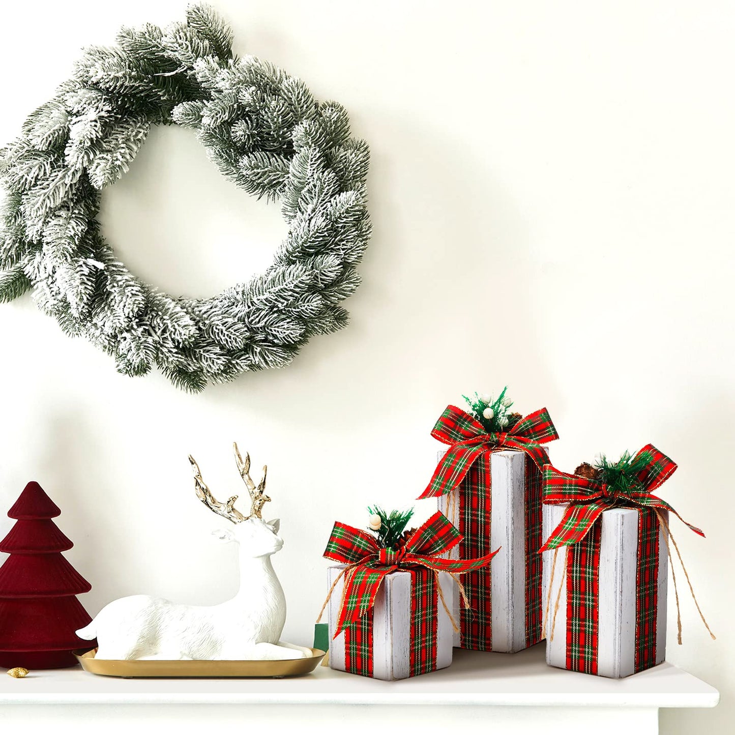 Amyhill 3 Pcs Christmas Wooden Gifts Box Decor Christmas Plaid Presents Table Centerpieces Rustic Wooden Gifts Tiered Tray Decor with Buffalo Plaid Bowknot for Xmas Party(White,Retro)