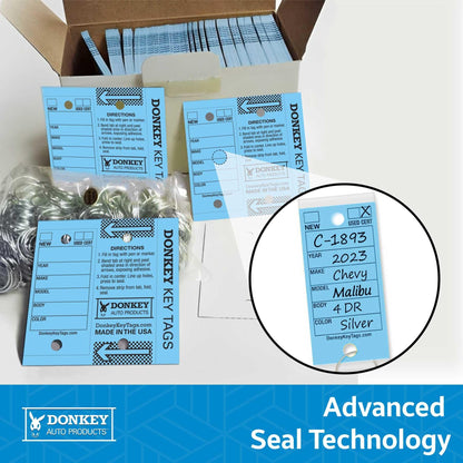 Donkey Key Tags, Laminated Self-Protecting (250 Tags per Box with Metal Rings) (Blue)