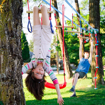 Double Ninja Slackline Obstacle Course for Kids | 110 Foot Line | Monkey Bars Playground Equipment | Ninja Warrior Obstacle Course for Kids | Patented Double Line Design (Deluxe)