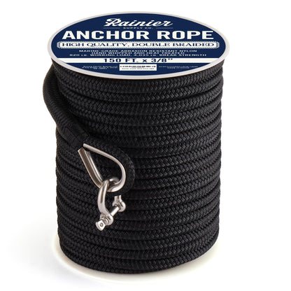 RainierSupplyCo Boat Anchor Rope - Double Braided Marine Rope Anchor Line - 150 ft x 3/8 Inch Nylon Boating Line with 316 Stainless Steel Thimble and Heavy Duty Marine Grade Bow Shackle - Black