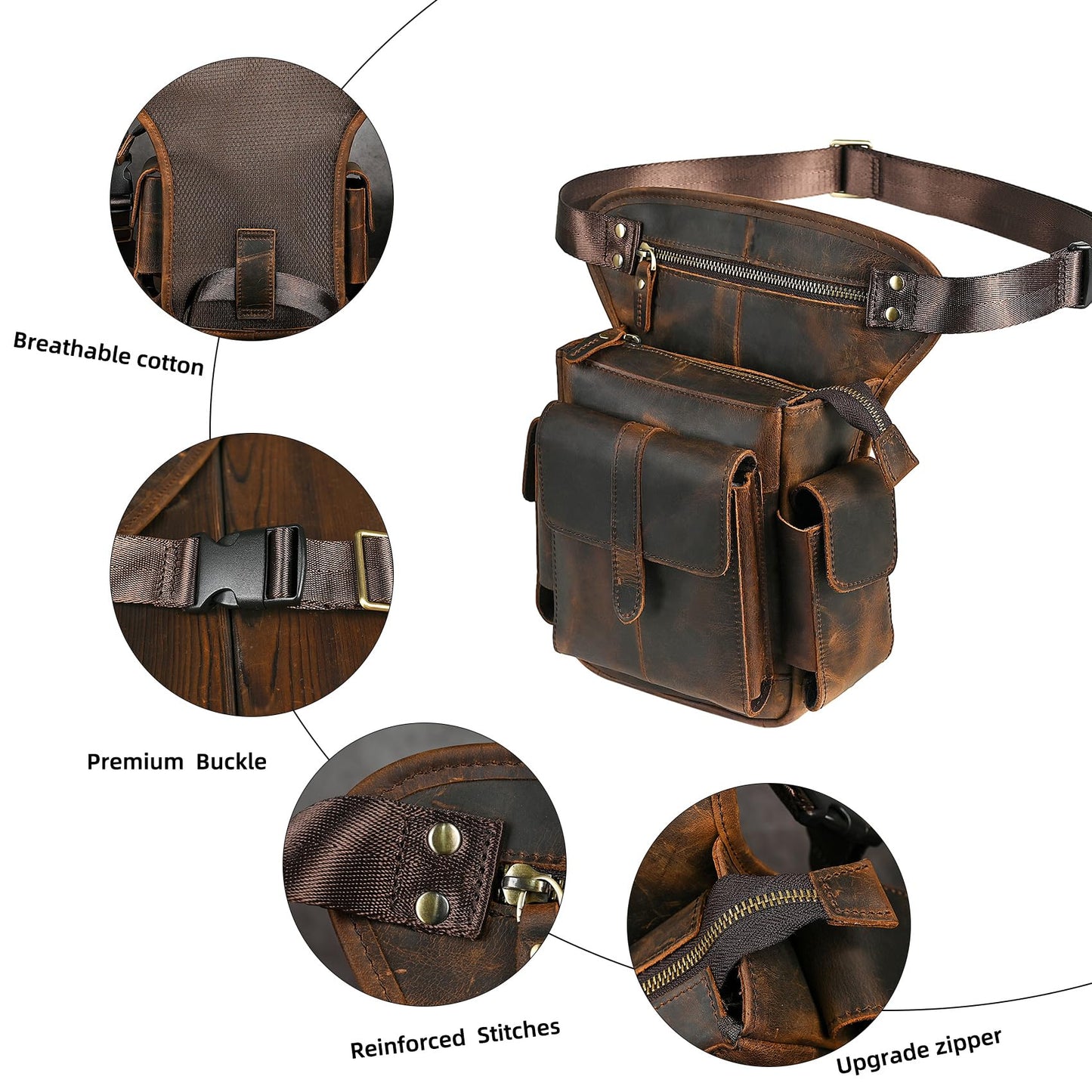 Handadsume Water Resistant Canvas + Leather Motorcycle Travel Fanny Waist Pack Drop Thigh Leg Bag Pouch For Men Women FB913-5 (100% Genuine Leather-Brown)