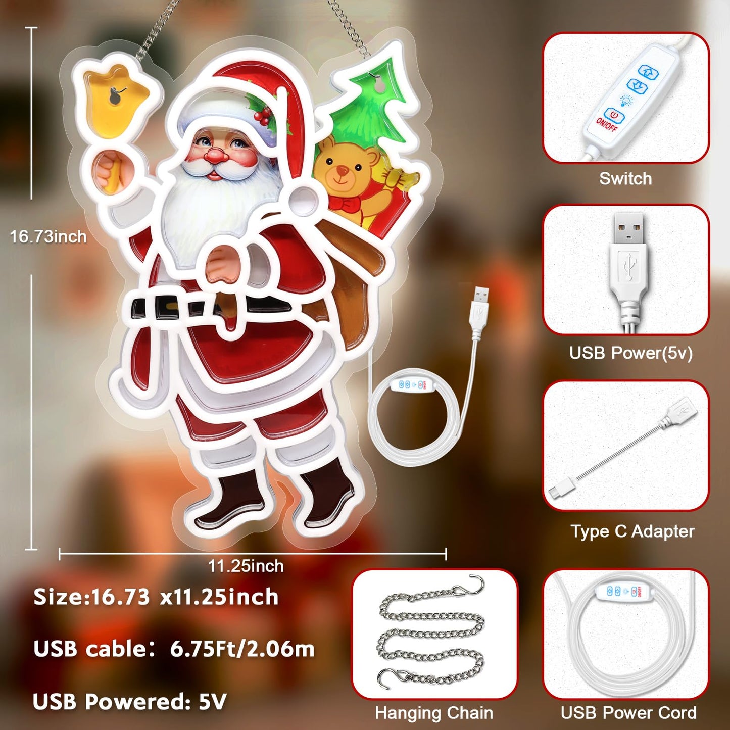 Santa Claus Neon Sign, Christmas Neon Light Sign, LED Neon Signs for Wall Decor,10 Adjustable Brightness Personalized USB Neon Light, Gift for Christmas Events Birthday Party Home Decorations