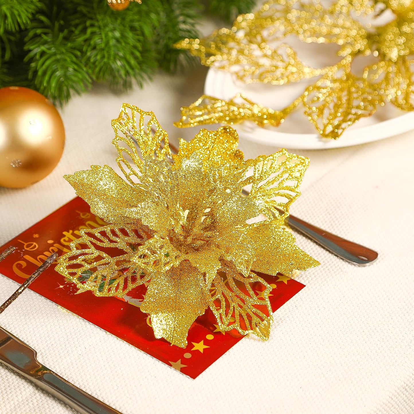 Alupssuc 24 PCS Christmas Tree Decorations, 12 PCS Poinsettia Flowers Artificial+6 PCS Glitter Holly Berry Stems+6 Berry Leaves Christmas Tree Picks for Party Wreath Fireplace, Gold