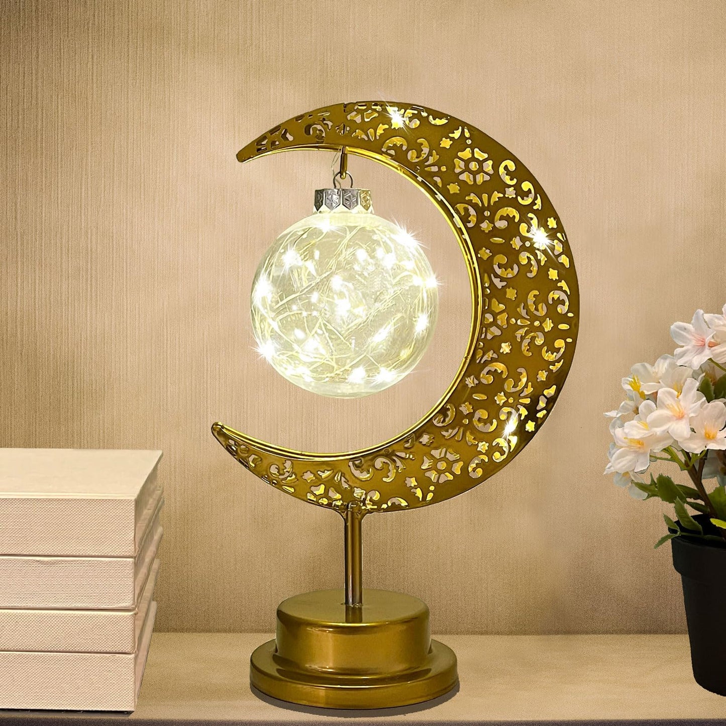 Mayamila Decorative Table Lamp, Crescent Moon Lamp Ramadan Table Decor, Battery Powered Christmas Ramadan Desk Lamp Decorations for Home, Patterned Hollow Out Warm Boho Light for Bedrooms Nightstand