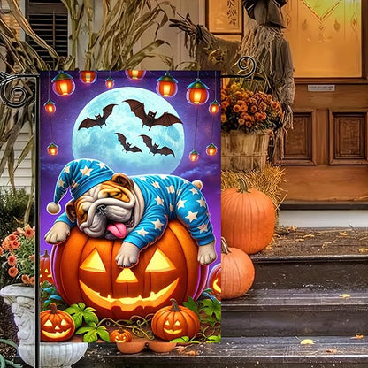 Halloween Garden Flag, 12x18 Inch Double-Sided Polyester, Pug Sleeping on Pumpkin Flag, Outdoor Patio Decoration, Festive Yard Banner, Easy to Hang (Only Garden Flag)