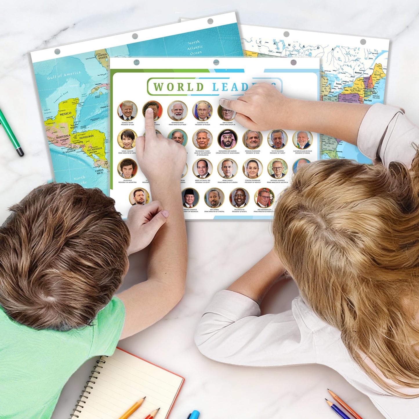 World Map & World Leaders Reference Page – Laminated, Double-Sided 3-Ring Binder Insert – Durable Gloss Global Geography & Leadership Chart for Study (2 Pack)