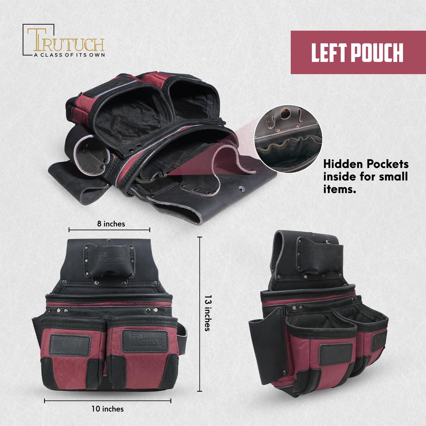 TRUTUCH Nylon and Leather Tool Belt | Framing Tool Bags | Nylon Tool Pouch | Carpenter Tool Belts | Construction | Framers | Electrician Tool Belt (Maroon 1650)