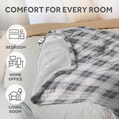 Sunbeam Electric Throw Royal Luxe Microplush Heated Blanket, 4 Heat Settings, 4-Hour Auto Shut-Off, Fast Heating, Warm and Cozy, Grey Rodeen Plaid, 50" x 60"
