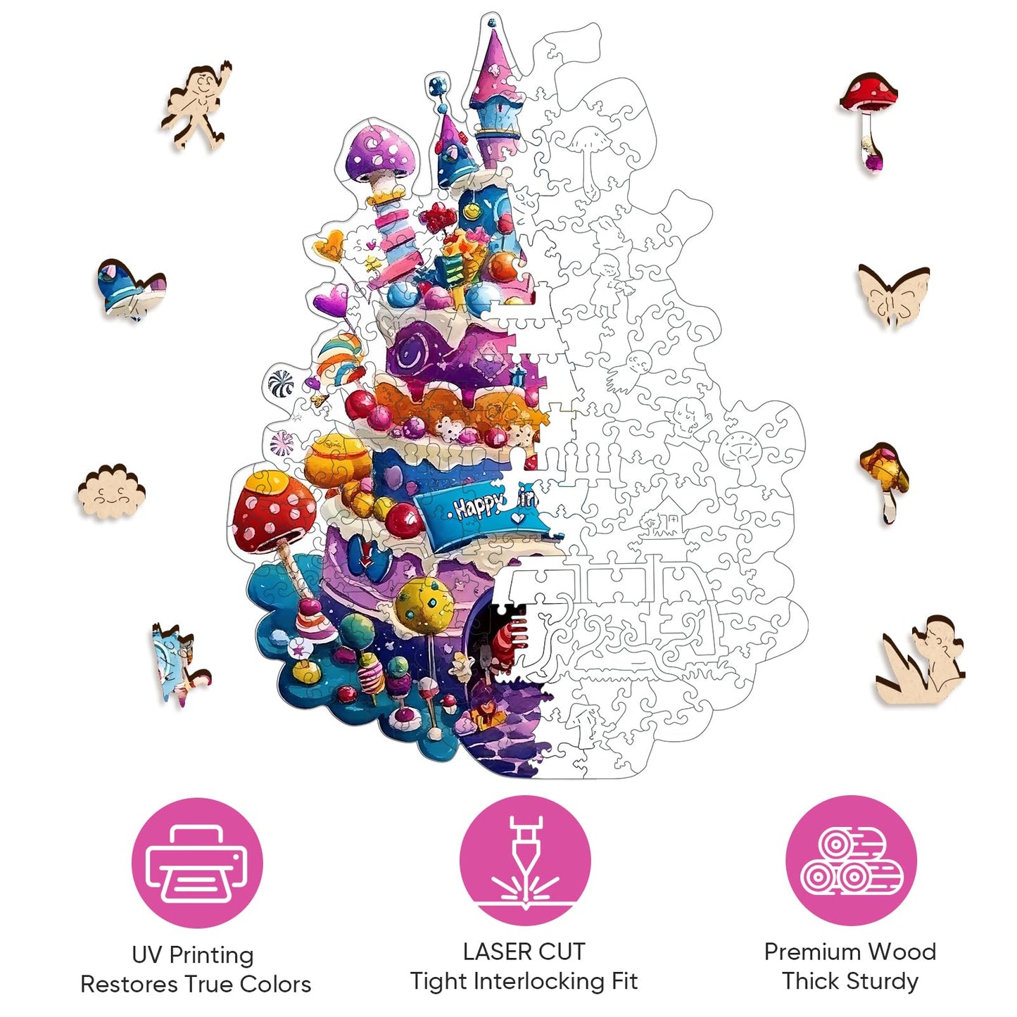 Mocfesk Birthday Cake Wooden Puzzles, Unique Shaped Wooden Jigsaw Puzzles for Kids, Small Puzzles for Grandkids, Birthday Gifts Family Games Home Decor 11.4 x 8.6 in