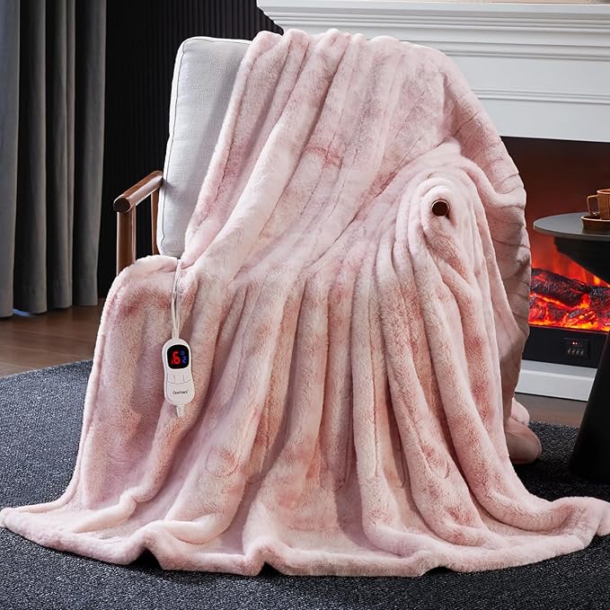 Guohaoi Heated Blanket Electric Throw, Soft Faux Rabbit Fur Electric Blanket with 10 Heating Levels 5 Sitting Timer Auto Off, Cozy Warm Heating Blankets, Machine Washable(84"×90" Pink)