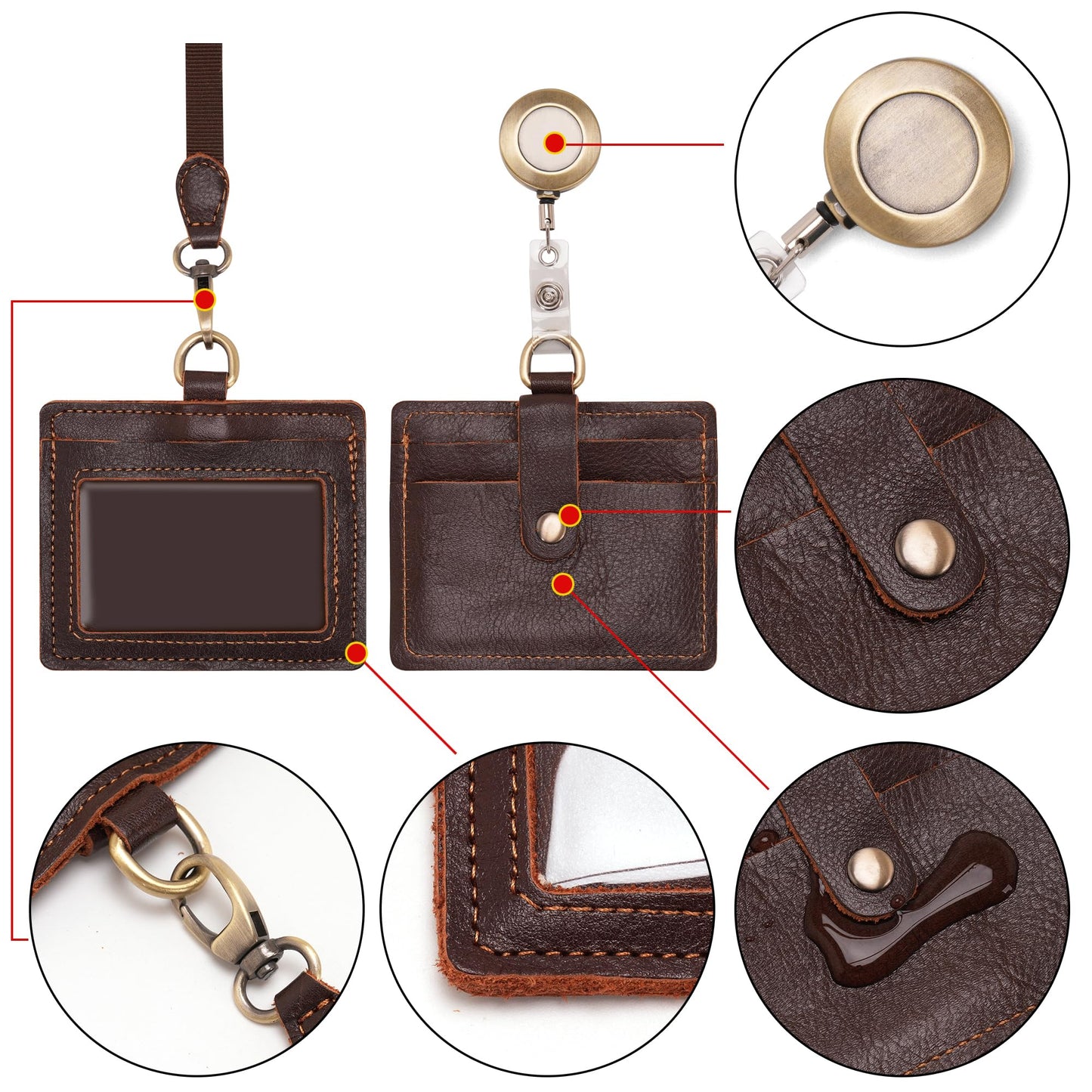 Wonderpool Leather Horizontal Badge Holder with Detachable Neck Lanyard and Retractable Badge Reel Clip, Card Slots Case ID Card Holder for ID Badges Card and Driver Licence (Coffee)
