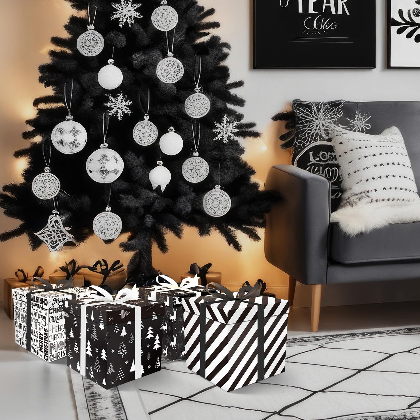 Cinrobiye 4 Pcs Christmas Gift Boxes with Lid,Ribbon and Tissue Papers,9" Black and White Christmas Winter Square Cardboard Box for Gift Wrapping Holiday Present Birthday Assorted Design (Black White)