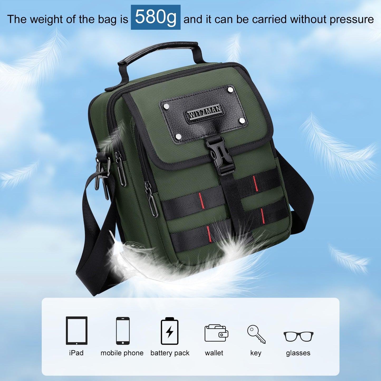 WITZMAN Crossbody Bag for Men Casual Messenger Bag Satchel Nylon Shoulder Bag Lightweight Man Purse for Work Travel（B708 Army Green）