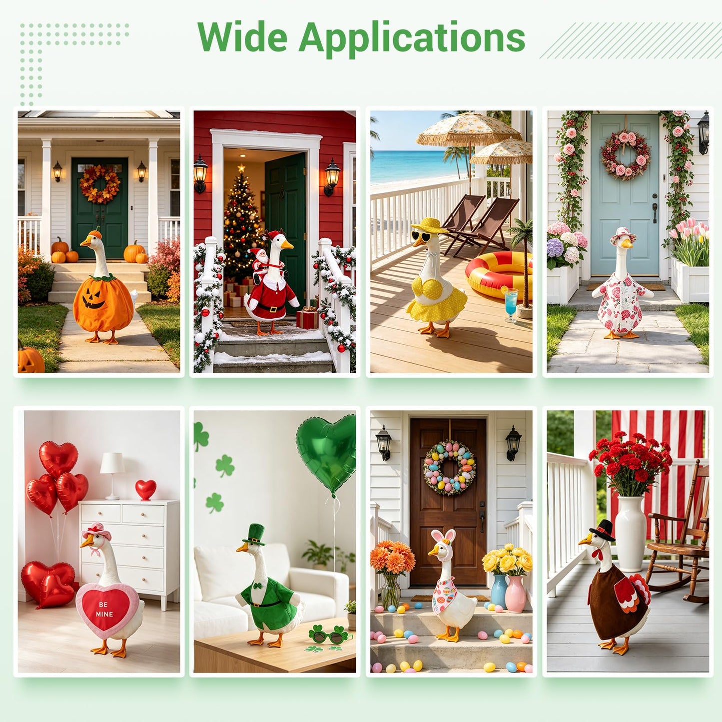 Cidomax 8 Set Holiday Porch Goose Outfits for 23 in Statue, All Seasons Bundle for Valentine St. Patrick Easter Summer Halloween Christmas, Lawn Goose Outfits for Patio Yard Decor