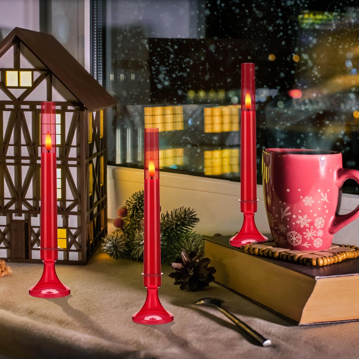 SEHNSY Red Flameless Taper Candles with Remote and Timer,Valentine Flameless Candles with Holders, 6 Pack LED Battery Operated Candlesticks 9.25"x0.75" for Valentine’s Day, Christmas