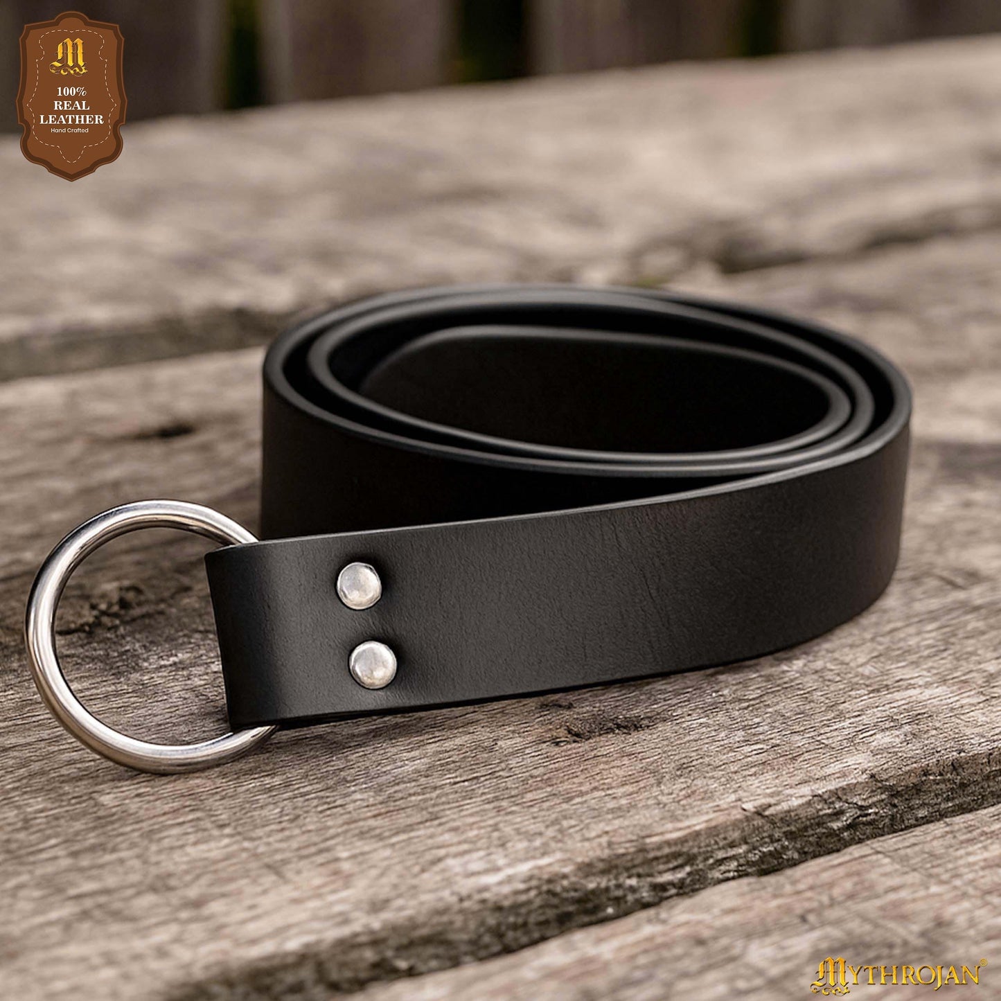 Mythrojan Medieval O Ring Belt Viking Leather Belt with 100% Genuine Leather for Medieval Events, LARP, Renaissance, Ren Faire, Costume Parties - Black, 60 Inches