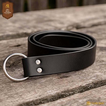 Mythrojan Medieval O Ring Belt Viking Leather Belt with 100% Genuine Leather for Medieval Events, LARP, Renaissance, Ren Faire, Costume Parties - Black, 60 Inches