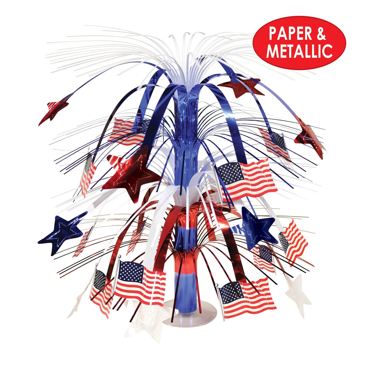 Beistle Patriotic Flag Cascade Centerpiece, Red White and Blue Metallic Decoration with American Flags for 4th of July, Memorial and Veterans Day, and Patriotic Party Tables, 18”