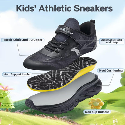 Boys Girls Kids Walking Shoes Arch Support: Orthopedic High Arch Orthotic Plantar Fasciitis Running Gym Sneakers, Supportive Athletic Lightweight Neuropathy Pain Relief Walking Shoes Black Big Kid 5