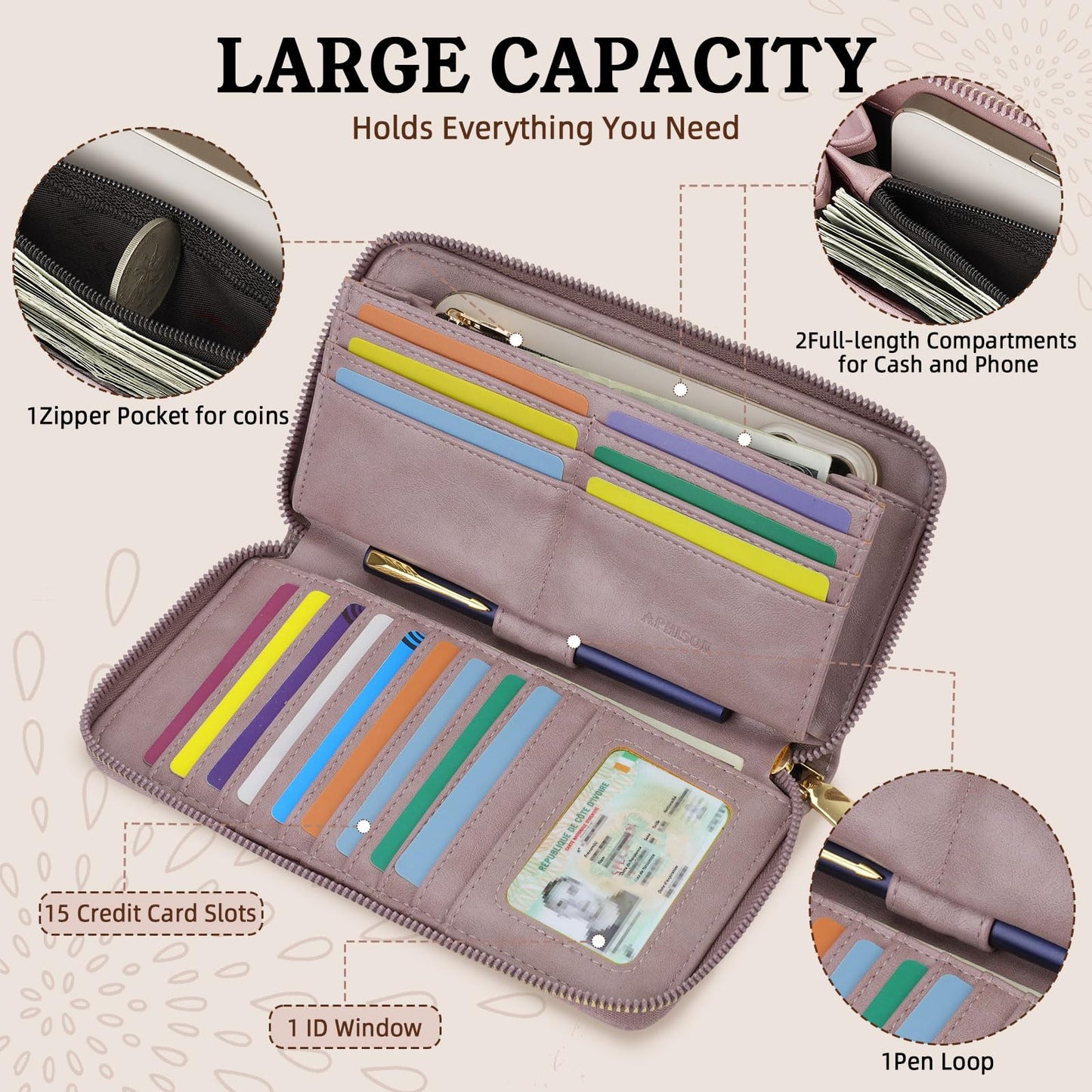 APHISON Wallet Women Large Capacity Clutch Purse For Ladies Card Holder RFID Wristlet Phone Zipper Coin Travel Pocket