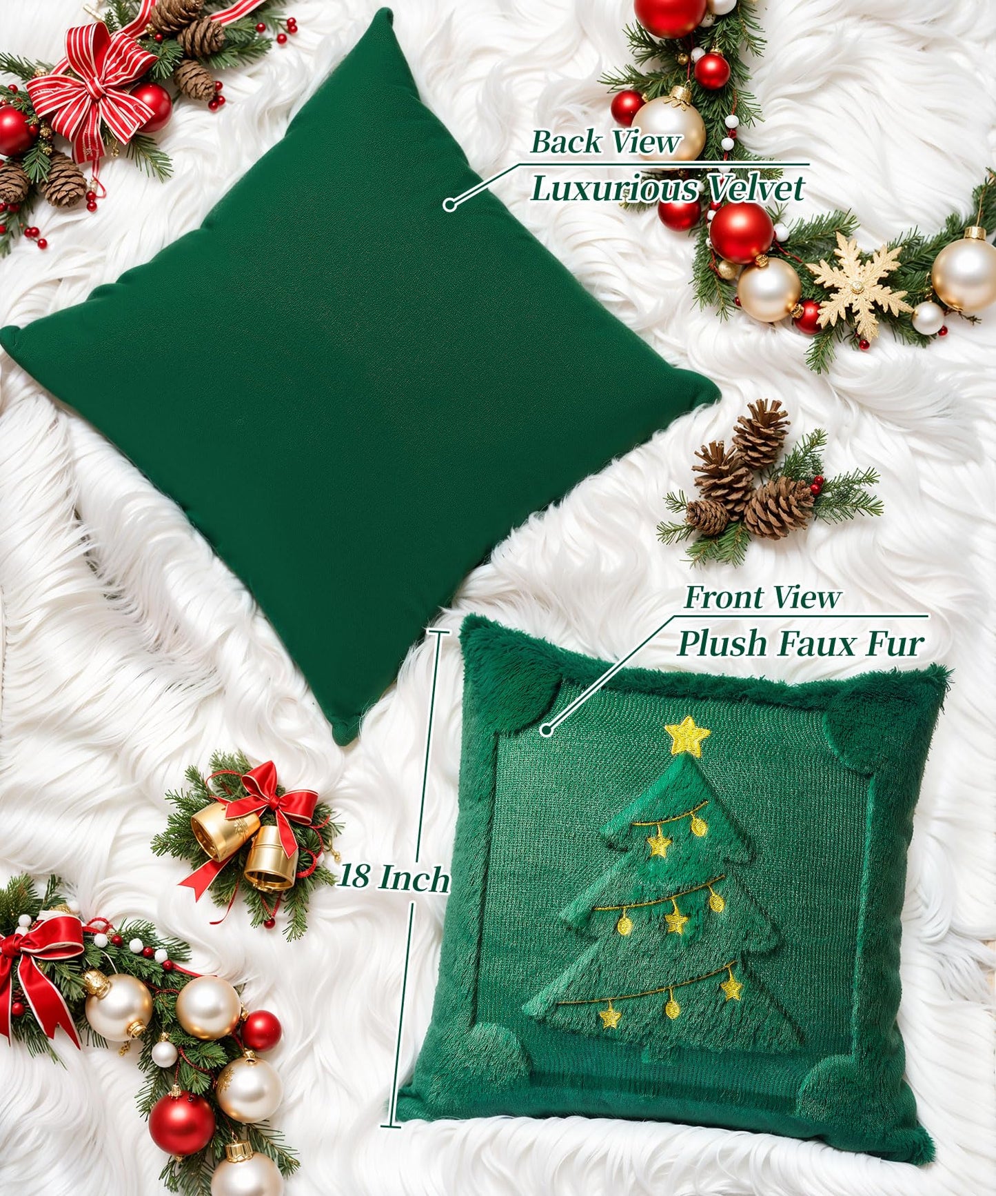 SEGXCFL Christmas Pillow Covers Set of 2 Soft Plush Faux Fur Pillow Cases 3D Embroidered Decorative Couch Cover Home Decor Christmas Throw Pillow Covers 18x18,Green Christmas Tree
