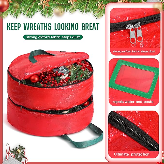 Double Layer Christmas Wreath Storage Container Bag Wreath Storage Pure Color Seasonal Garland Holiday Container Festive Box with Dual Zippers and Handles for Xmas(36 Inch,Red)