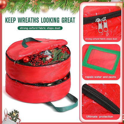Double Layer Christmas Wreath Storage Container Bag Wreath Storage Pure Color Seasonal Garland Holiday Container Festive Box with Dual Zippers and Handles for Xmas(36 Inch,Red)