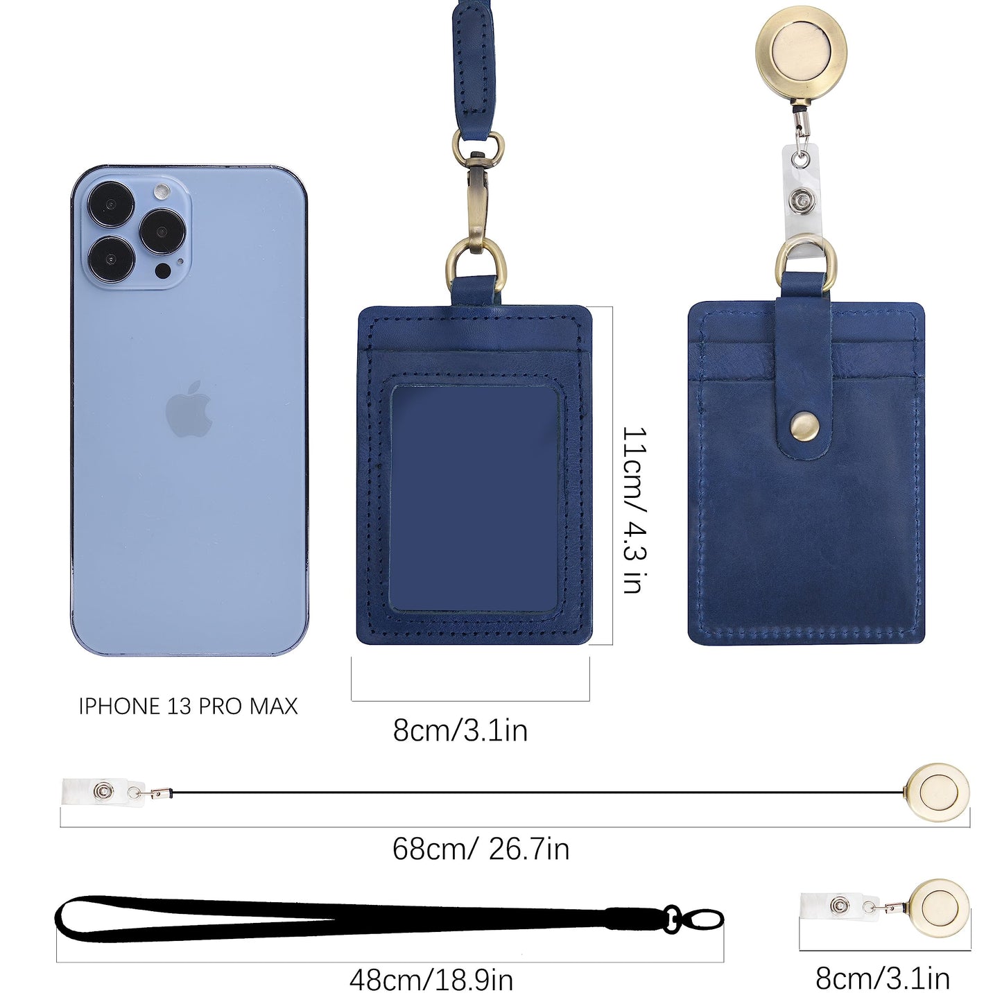 Wonderpool ID Badge Holder Genuine Leather Card Slots Case with Detachable Neck Lanyard and Retractable Badge Reel for Office School Hospital Exhibition ID & Driver Licence (Blue)