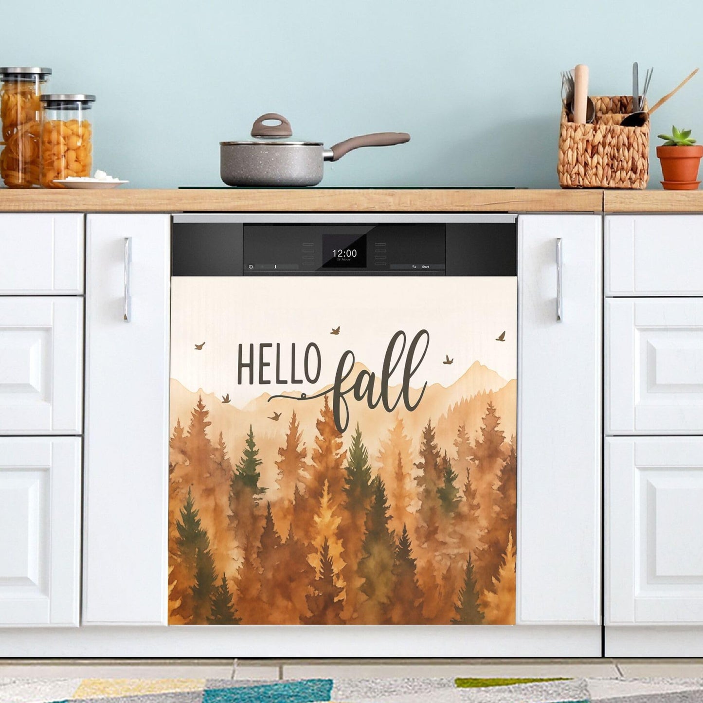 Hello Fall Forest Dishwasher Stickers Magnetic Cover Autumn Scenery Pine Tree Kitchen Fridge Magnet Covers Decals Home Decorations Vinyl Sticker Reusable 23W x 26H inches