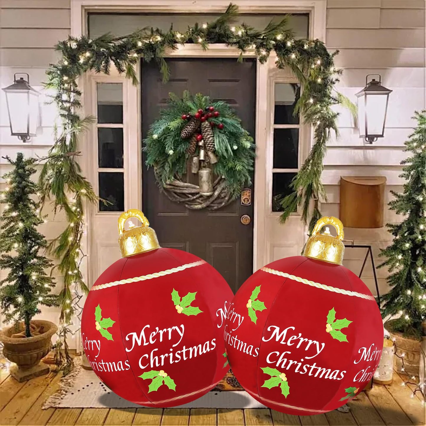 2 Pcs 24 Inch Christmas Giant Inflatable Ornaments Balls Outdoor, PVC large Christmas Hangable Blow Up Ball Decorations for Indoor Yard Porch Lawn (24" Red, 2)