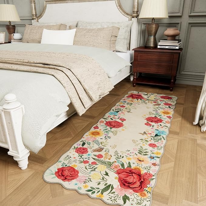 Kitchen Rug Runners for Hallways: 2x6 Washable Runner Rugs for Kitchen Ultra Thin Stain Resistant Non Slip Low Pile Lightweight Vintage Floral Carpet for Laundry Room, Bedside Decor (Beige)