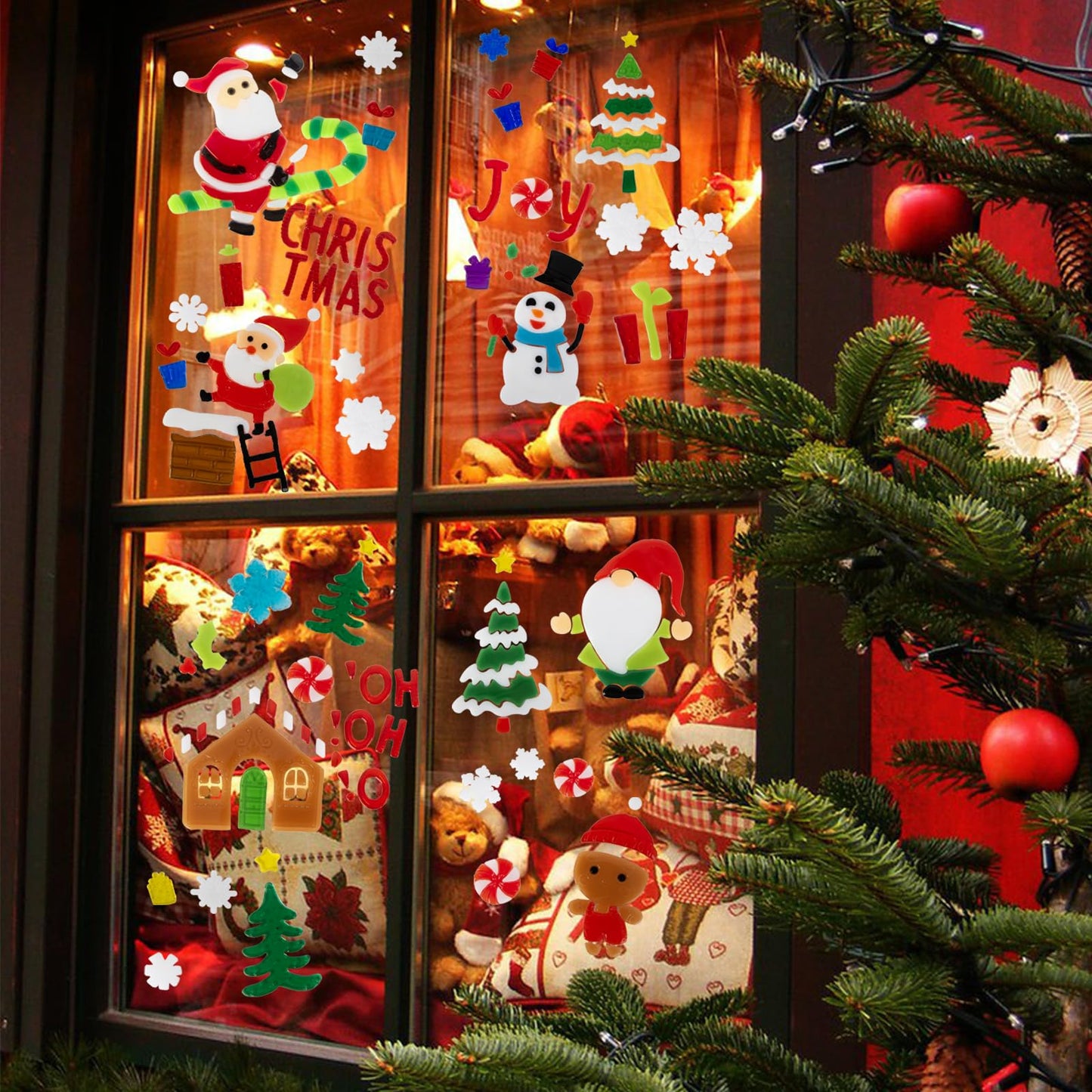 6 Sheet Christmas Window Clings Gel,Snowman,Gingerbread Man,Christmas Tree, Santa Claus, Snowflakes, Christmas Stickers for Glass Windows, Window Clings Christmas Decorations