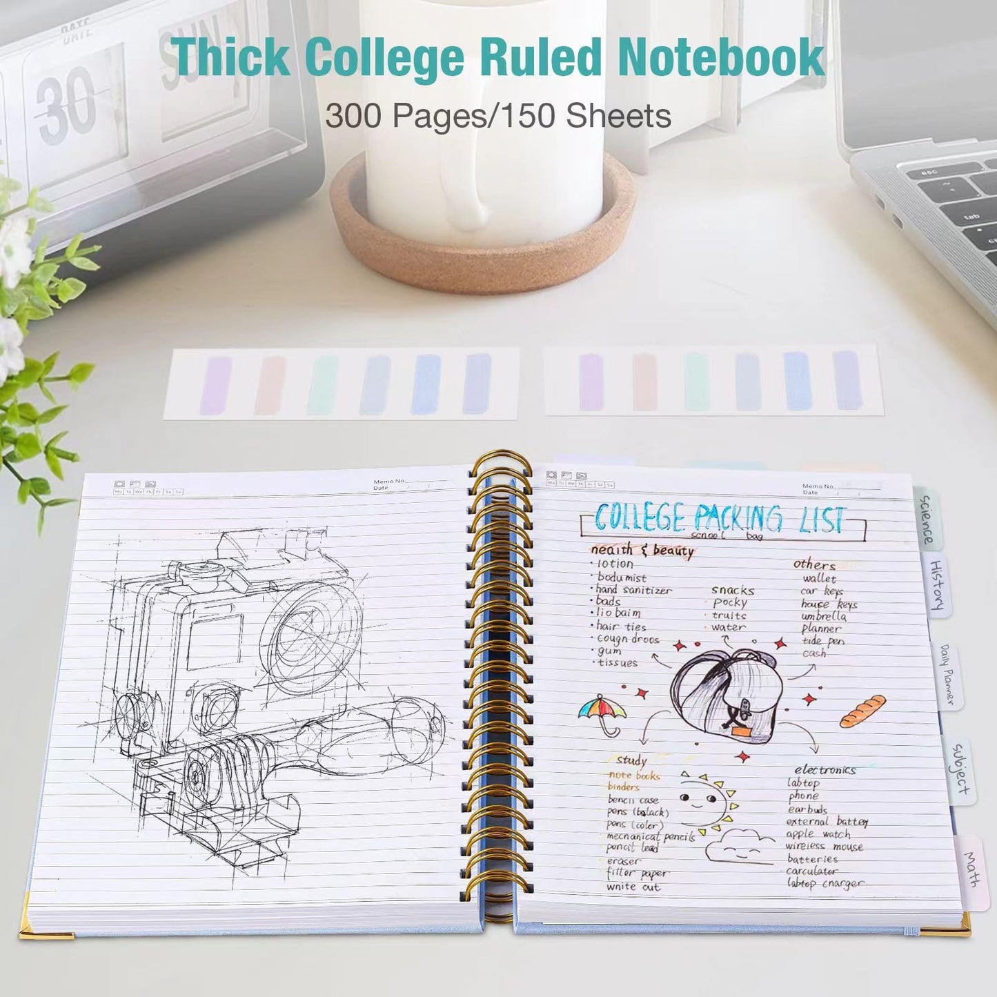 Spiral Notebook, College Ruled Notebook, 8" x 10", 300 Pages Leather Journals for Writing, B5 Hardcover Journaling Notebooks for Work School, 24pcs Tabs, Large Embossed Journal for Women Men, Green