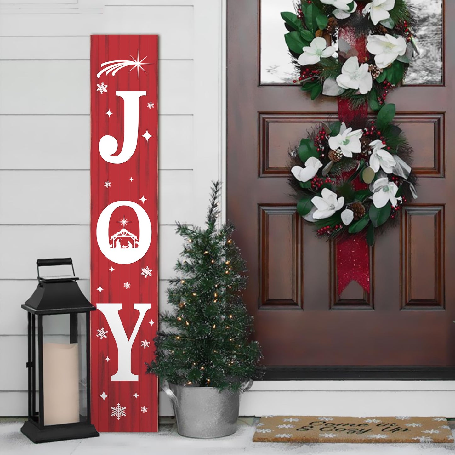 Christmas Porch Sign JOY 47" Winter Large Welcome Porch Sign Xmas Decor for Home Front Door Farm Yard Party Decor (Red)