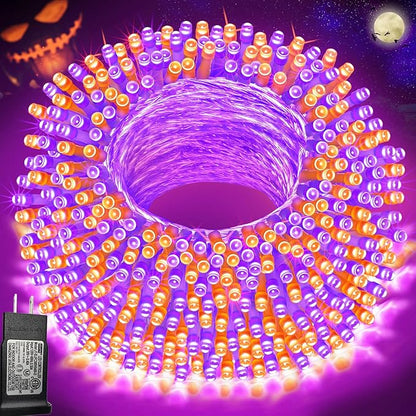 Pooqla Halloween Lights, 66 ft 200 LED Indoor Outdoor Halloween String Lights Plug in, Connectable 8 Modes Clear Wire Twinkle Fairy String Lights for Xmas Tree Decoration Clear wire, Orange and Purple