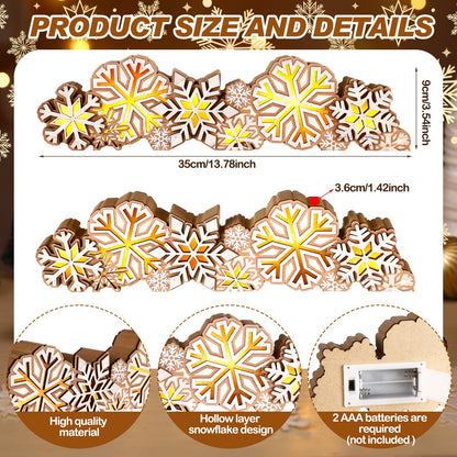 Glooglitter Winter Snowflake Wooden Tabletop Decoration Winter Sign LED Snowflake Centerpiece Wood Plaque Free Standing Wood Sign for Xmas Table Party 13.8 x 3.5 Inch