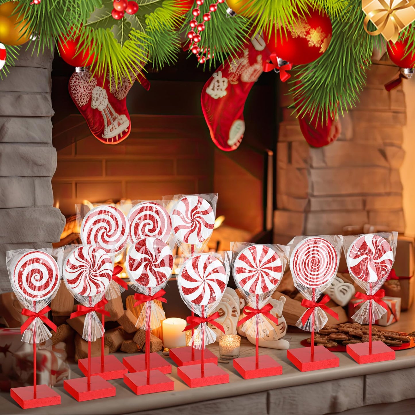 Chunful 10 Pcs Red Christmas Candy Wooden Tabletop Decor Candy Cane Christmas Decorations Table Centerpiece Sign for Xmas Tiered Tray Home Desk Office Party Decoration